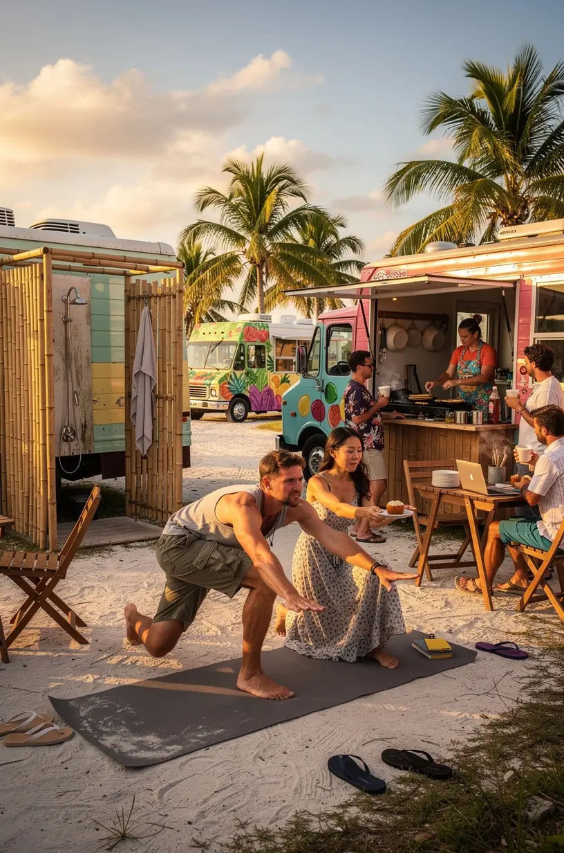 Рабочие домики для коворкинга на территории курорта, обеспечивающие комфортное пространство для удалённой работы.