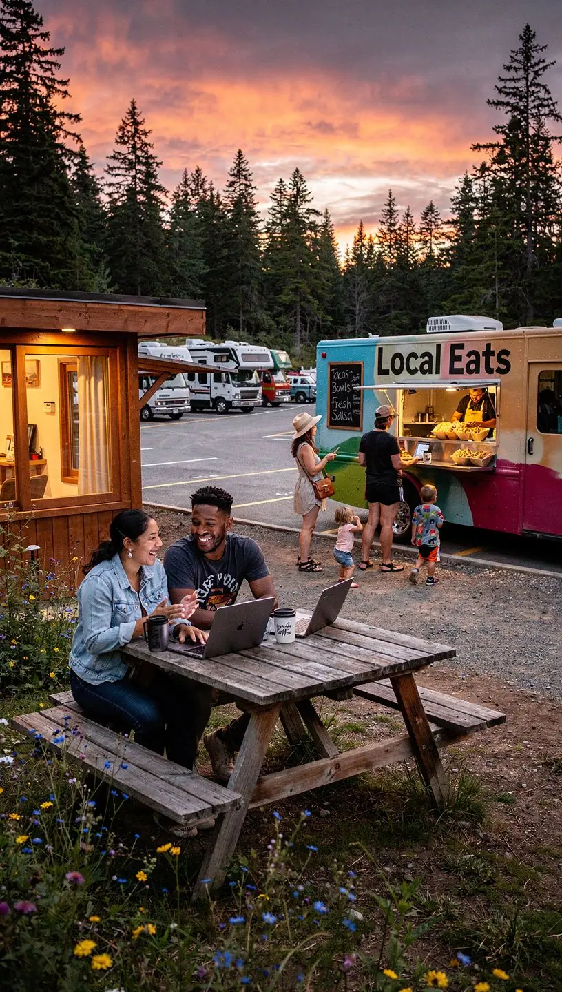 Фуд-траки с разнообразной местной кухней, расположенные рядом с зонами отдыха и стоянками для автодомов.