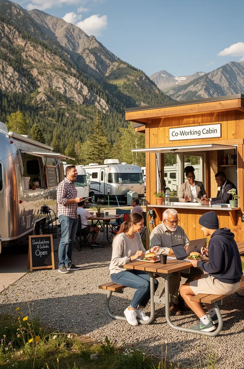 Панорамный вид на благоустроенную зону микро-курорта с зелёными насаждениями и удобствами для путешественников на автодомах.
